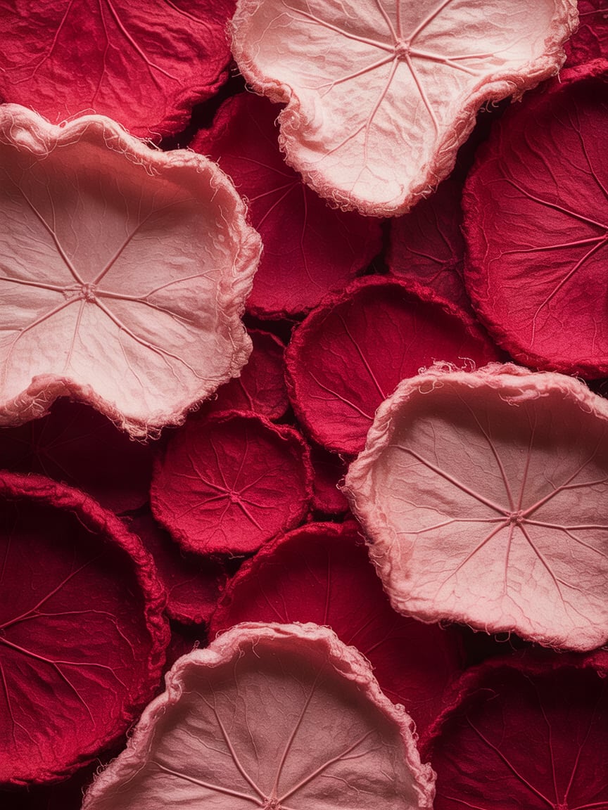 Abstract macro texture of handmade cotton paper fibers catching low warm sunlight, in soft rose pink and deep crimson to