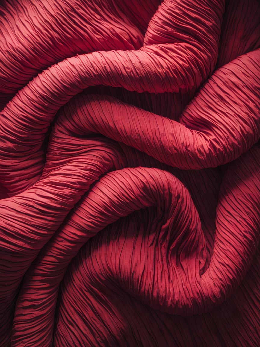 Abstract macro texture of folded crepe fabric creases under raking dusk light, in deep red and soft pink tones, no objec