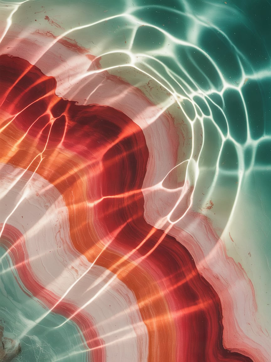 Abstract macro texture of sunlight refracted through water casting soft caustic light patterns on pale stone, in mint gr