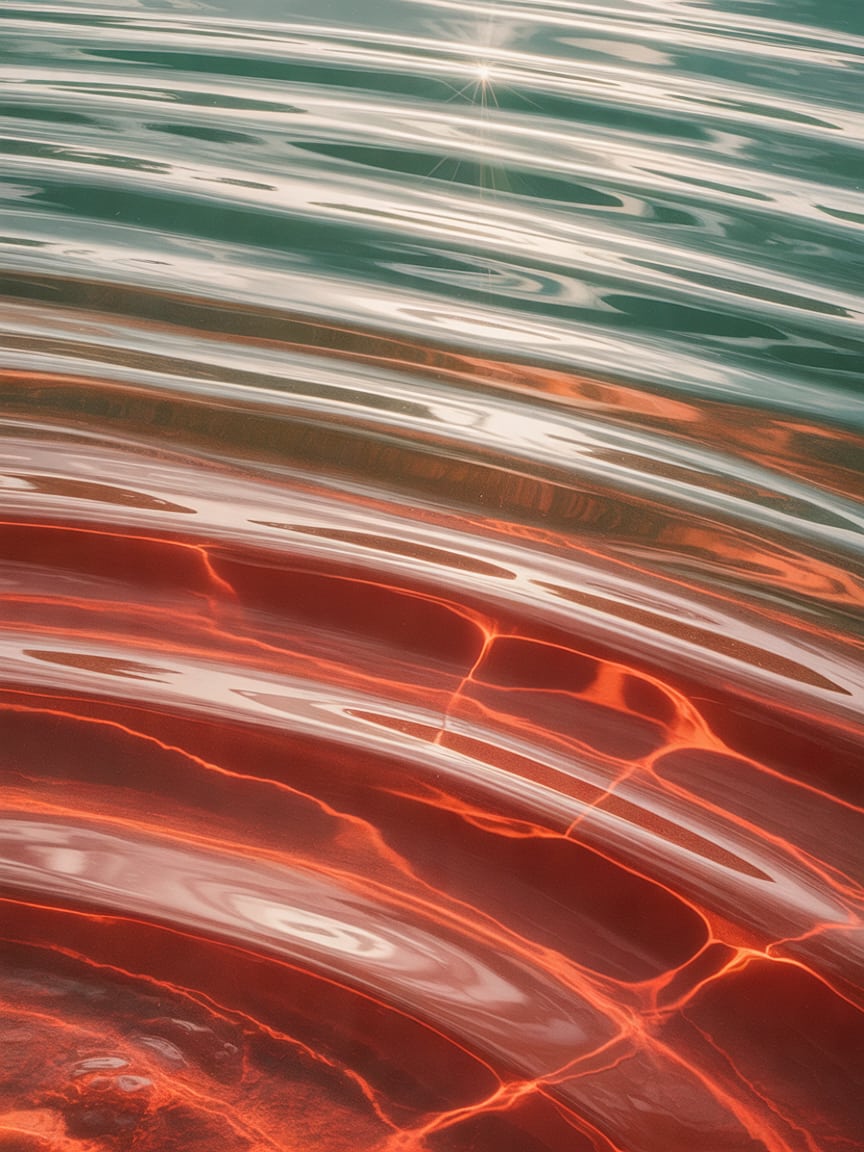 Abstract macro texture of gentle ripples on shallow water with bright sun glints, in pale mint green and coral red tones